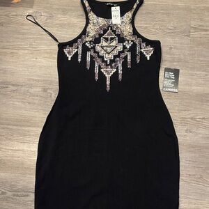 Express Black Dress with Silver and Purple Embellishments